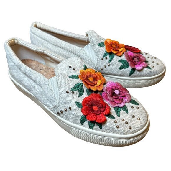 Soludos‎ X Anthropologie Slip On Shoes Embroidered Flowers Beige Canvas Size 7.5 - Picture 1 of 12